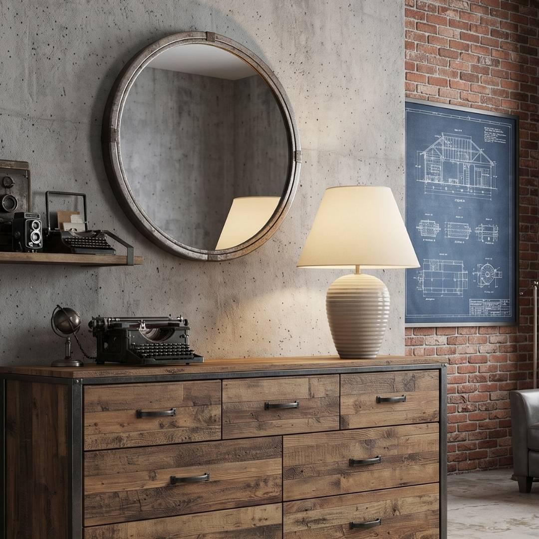 Industrialna komoda, okrągłe lustro i dekoracje wnętrz Veno Art Bydgoszcz