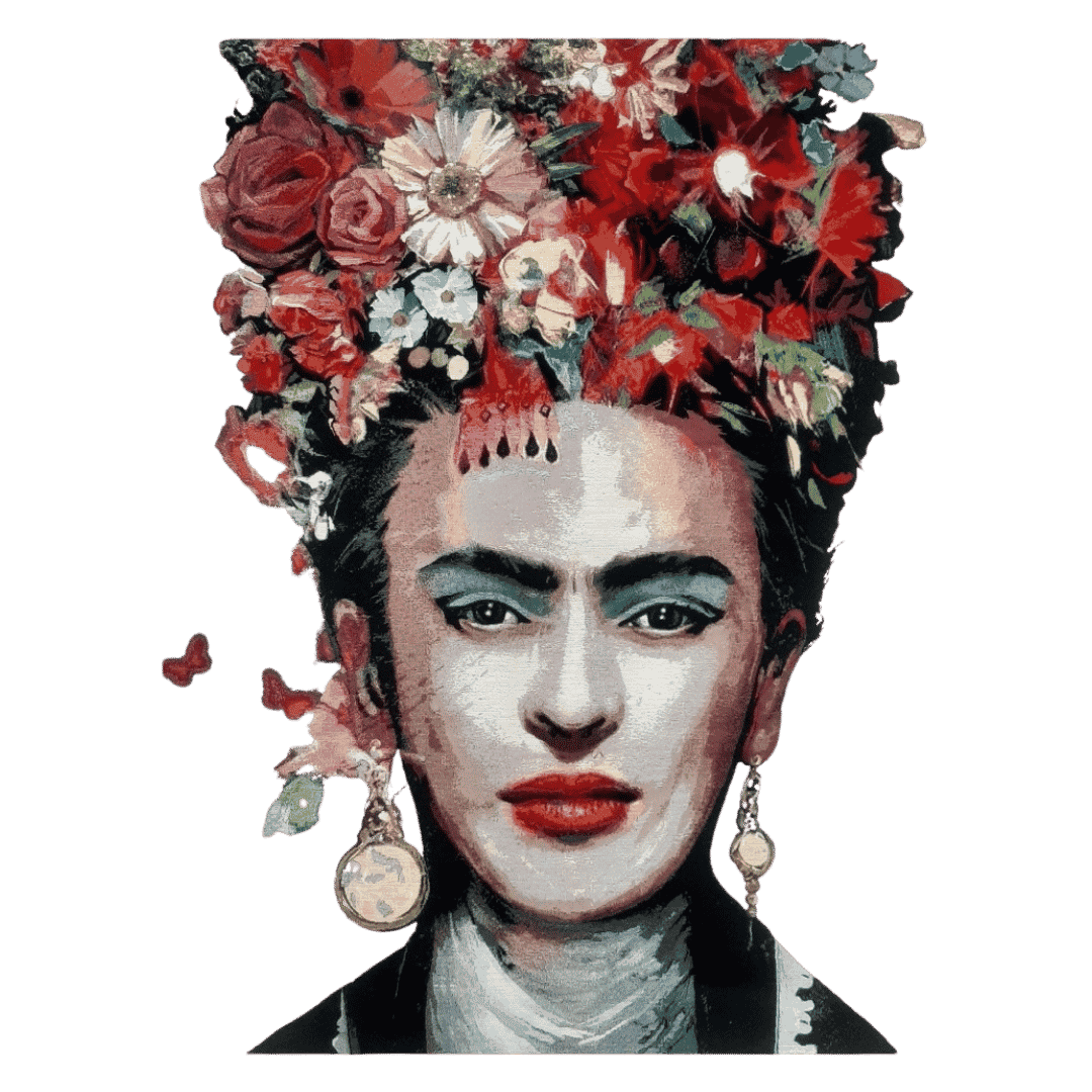Grafika przedstawiająca artystyczny portret Fridy Kahlo z kwiatami we włosach Veno Art Bydgoszcz